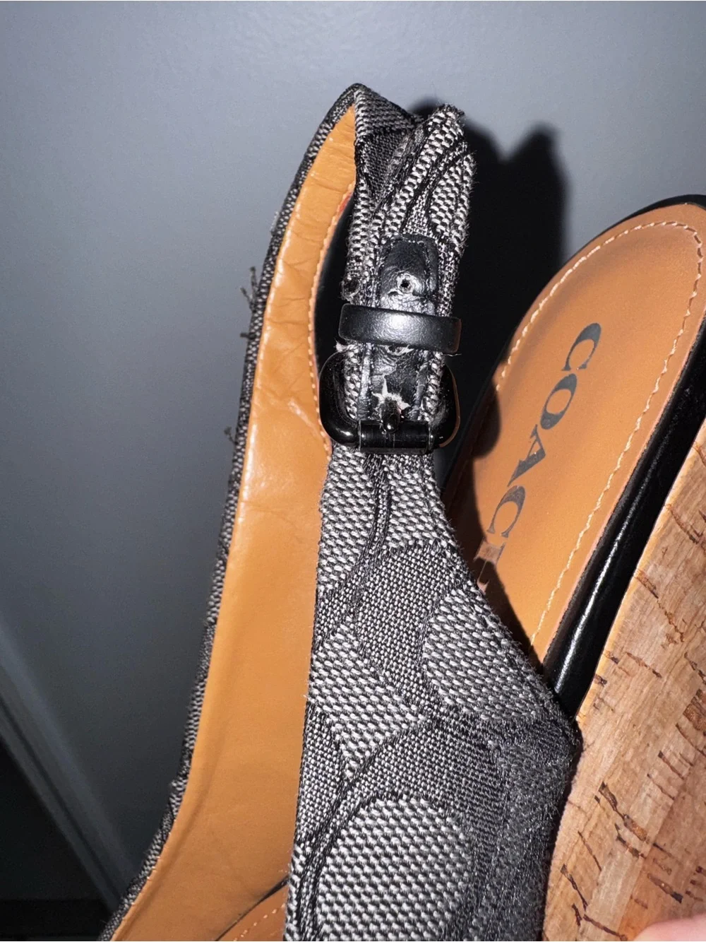 Coach Signature Dark Gray Peep-Toe Slingback Wedge Sandals 9B